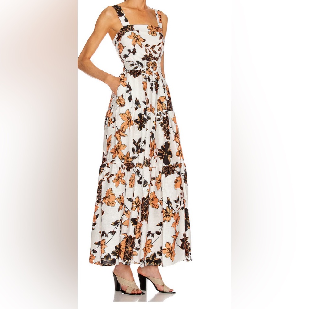 Nicholas Linen Floral Tiered Maxi Dress Size 0 Sepia Brown White Pockets - Picture 4 of 16